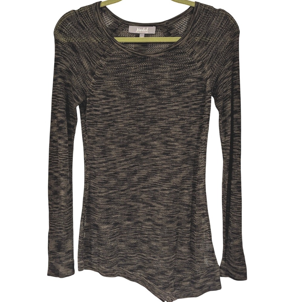 Marled Reunited Clothing Black Olive Sheer Knit Asymmetrical Hem Top XS